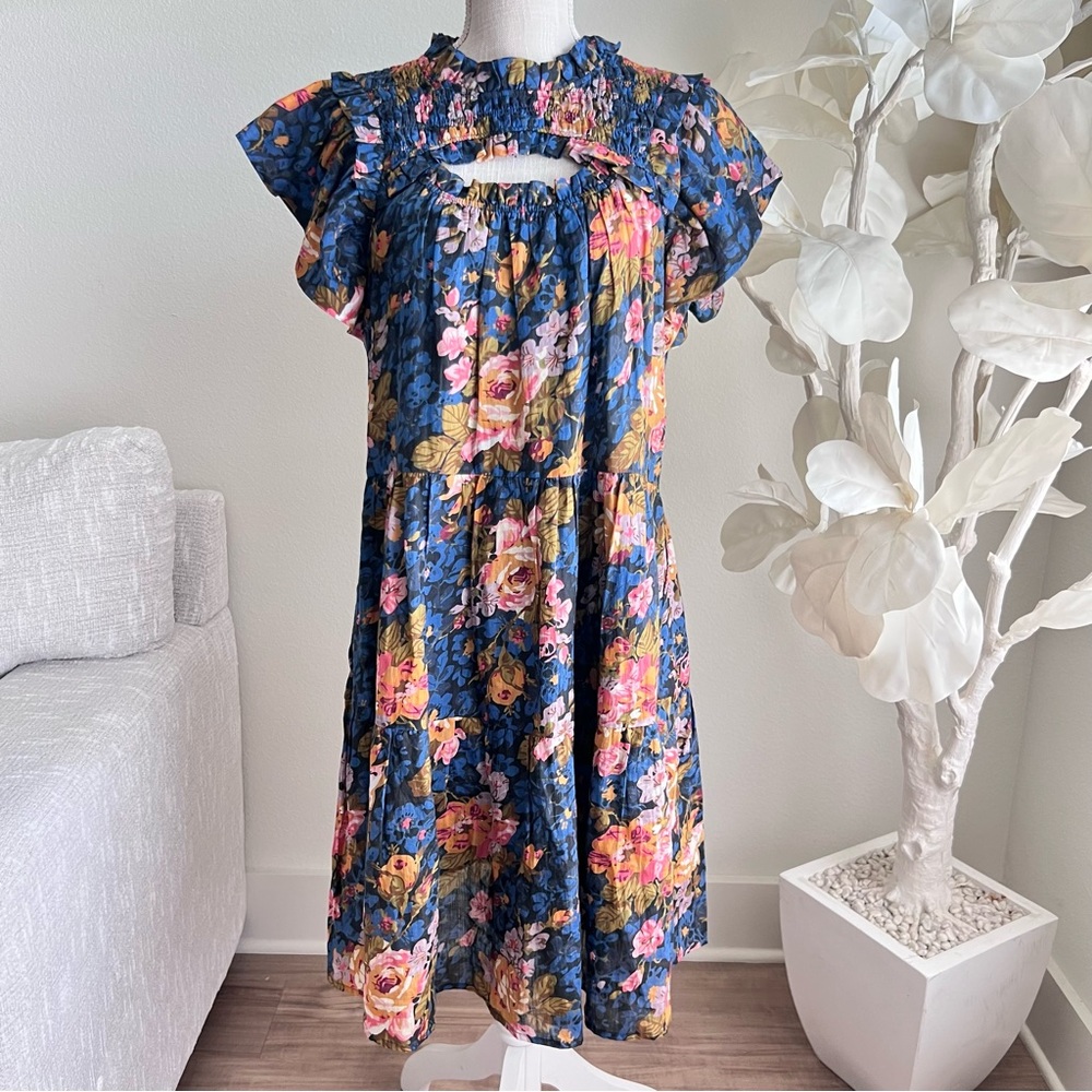 Sea New York Floral Blue Cut out Short Sleeve  Midi Dress Size 10
